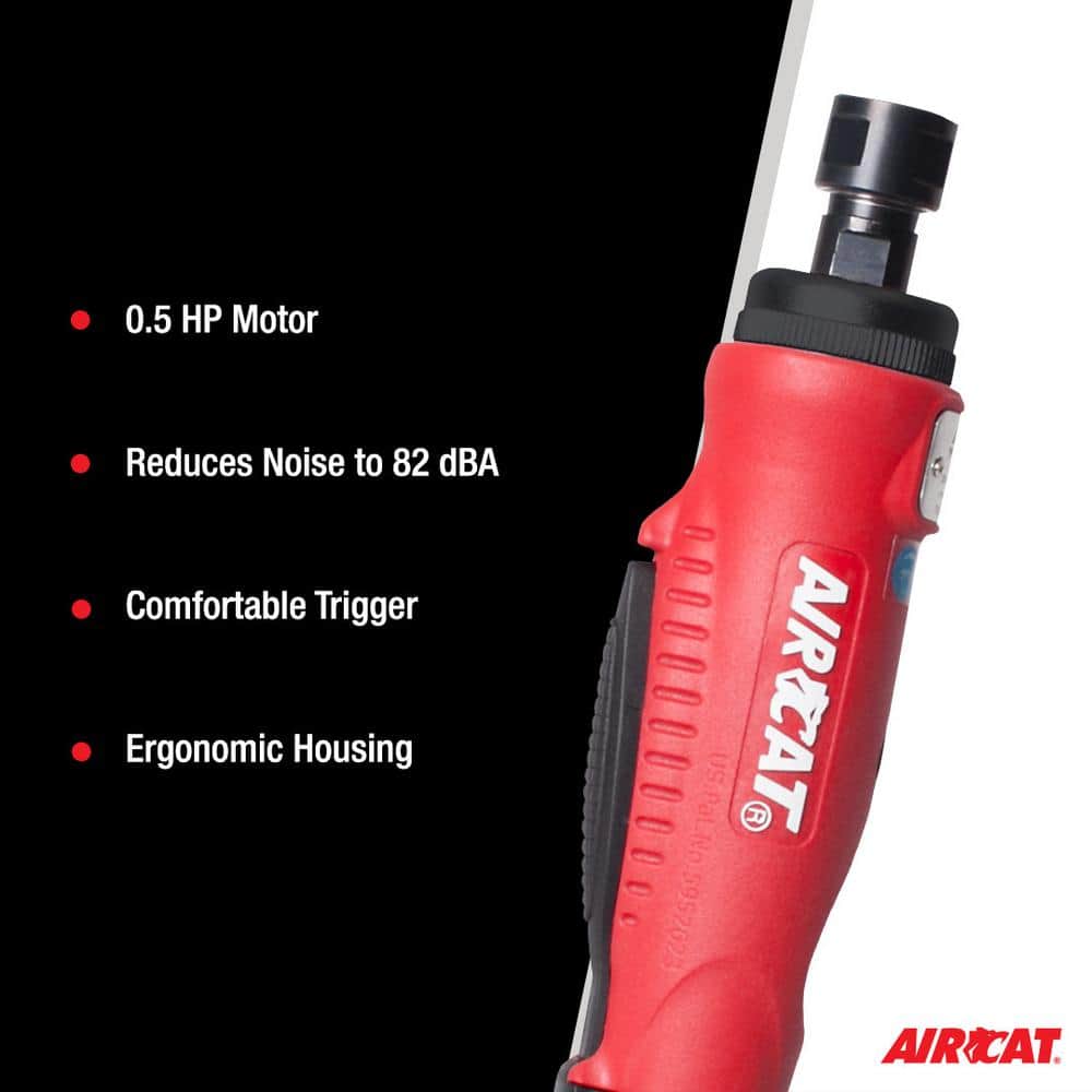 Aircat 6201 Straight Die Grinder features: 0.5 HP motor, reduces noise to 82 dBA, comfortable trigger, ergonomic housing