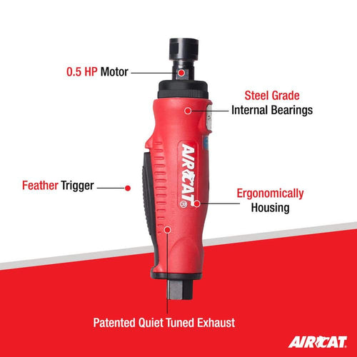 Aircat 6201 Straight Die Grinder feature callout showing 0.5 HP motor, steel grade internal bearings, feather trigger, ergonomic housing, and patented quiet tuned exhaust