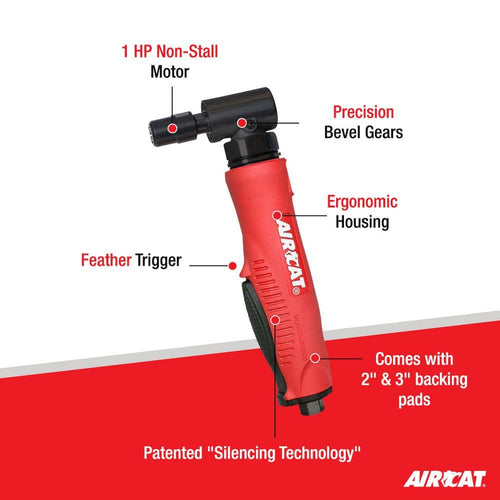 Aircat 6265 Right Angle Die Grinder feature callout - 1 HP Non-Stall Motor, Precision Bevel Gears, Ergonomic Housing, Feather Trigger, and 2" & 3" backing pads