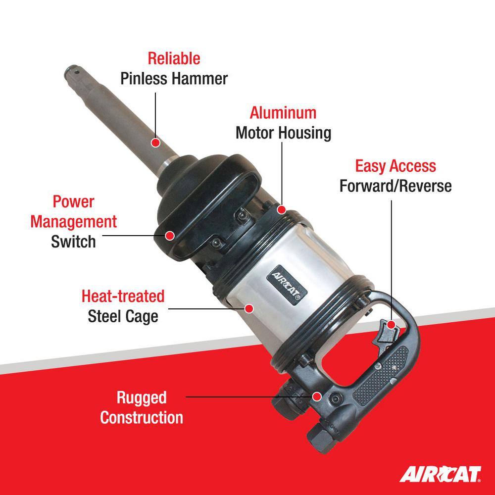 Aircat 1994 Impact Wrench feature callout: pinless hammer, aluminum motor housing, forward/reverse switch, power management switch, heat-treated steel cage, rugged construction