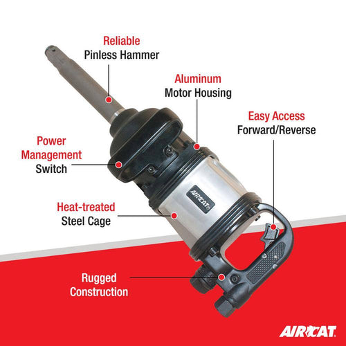 Aircat 1994 Impact Wrench feature callout: pinless hammer, aluminum motor housing, forward/reverse switch, power management switch, heat-treated steel cage, rugged construction