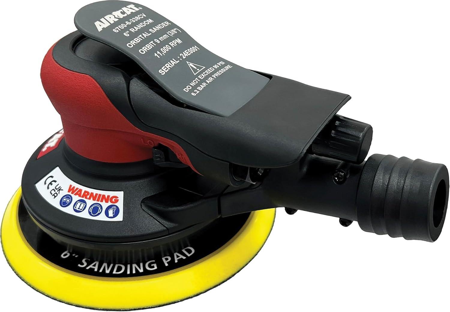 Aircat 6700-6-338CV 6in Central Vacuum Random Orbital Palm Sander, 3/8in orbit, 11,000 RPM, with yellow 6in sanding pad