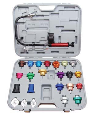 ATD Tools ATD-3302 25-Piece Master Cooling System Pressure Test Kit with colored radiator adapters and hand pump in molded carrying case