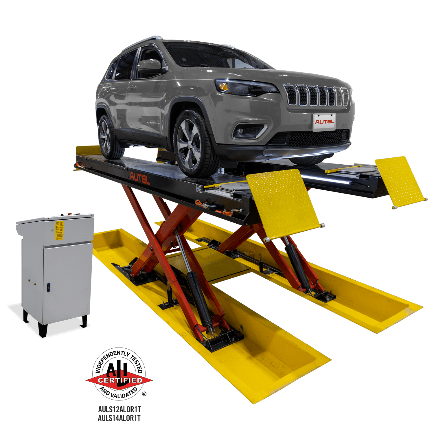 Autel ADAS Bay Max 12K Lift with SUV raised and enclosed console control power unit, ALI Certified