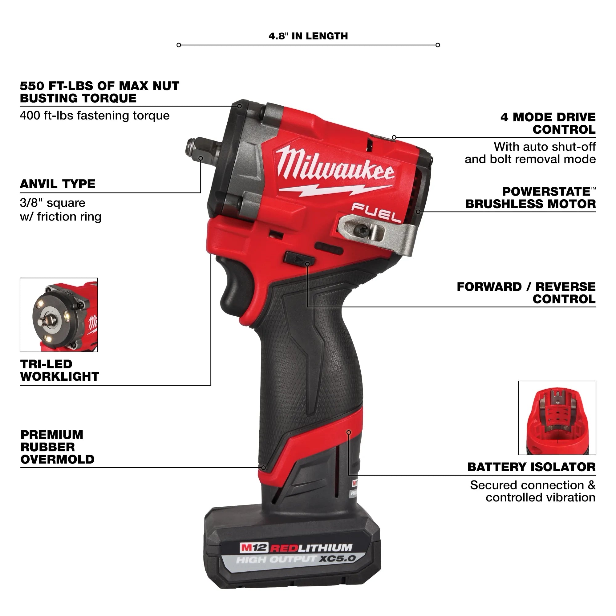 Milwaukee Tool 2562-21 M12 FUEL Stubby 3/8 in Impact Wrench feature callout - 4.8 in length, POWERSTATE brushless motor, tri-LED worklight, battery isolator