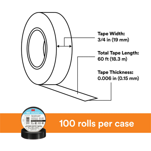 3M Temflex 165 Electrical Tape dimensions diagram showing 3/4 in width, 60 ft length, 0.006 in thickness, 100 rolls per case