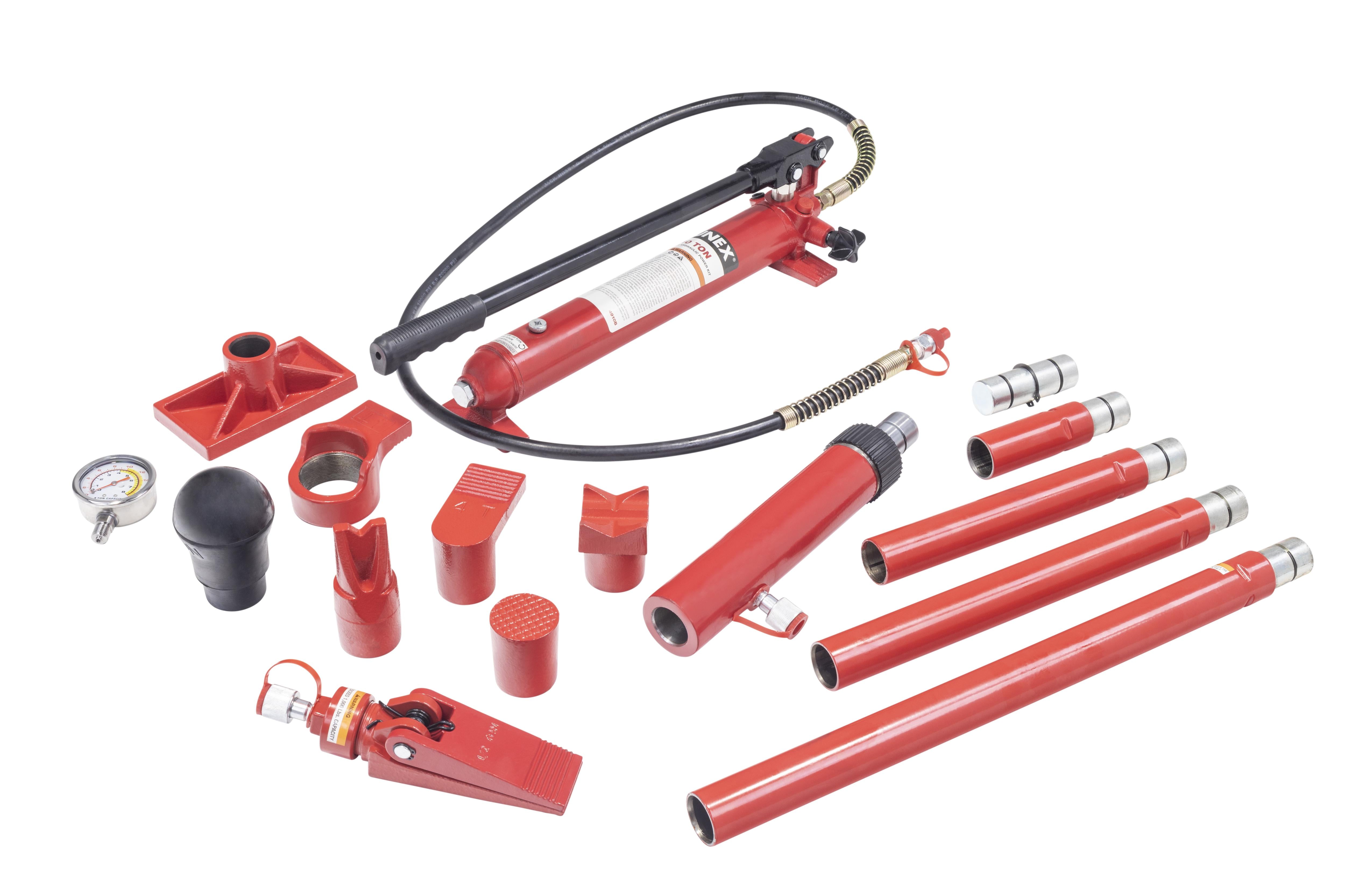 Sunex Tools 4910B 10 Ton Portable Hydraulic Power Kit full component set laid out on white background