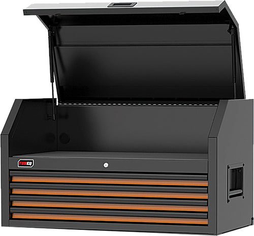 TOBEQ TCBT410421ORBK 41" HD Series 4-Drawer Top Chest in Orange/Black with open clamshell lid revealing interior storage