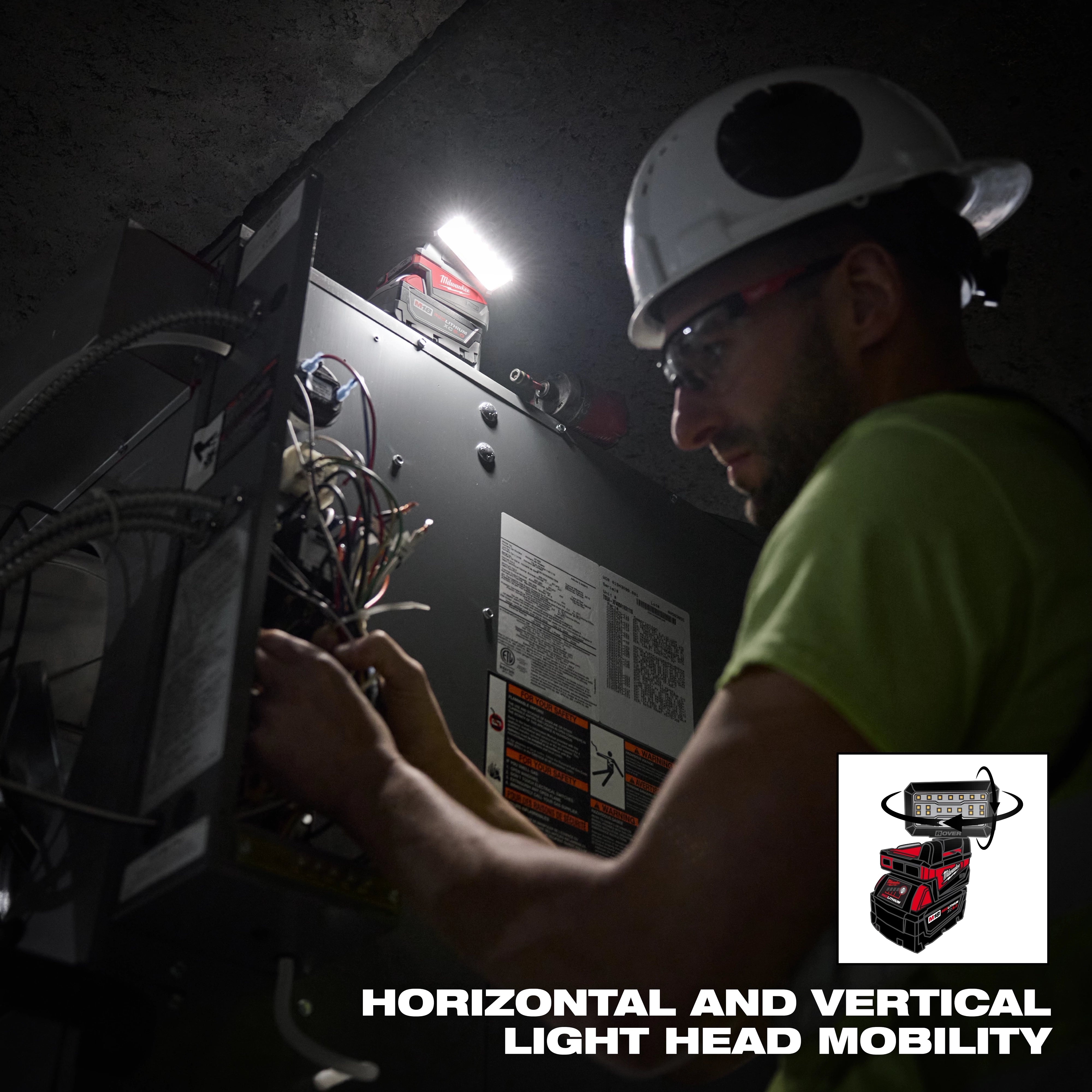 Milwaukee Tool 2359-20 M18 ROVER Flood Light showing 300-degree horizontal light head mobility