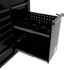 Homak RS Pro Power Tool Drawer close-up showing built-in power strip, battery holders, and perforated divider panel in Midnight Black