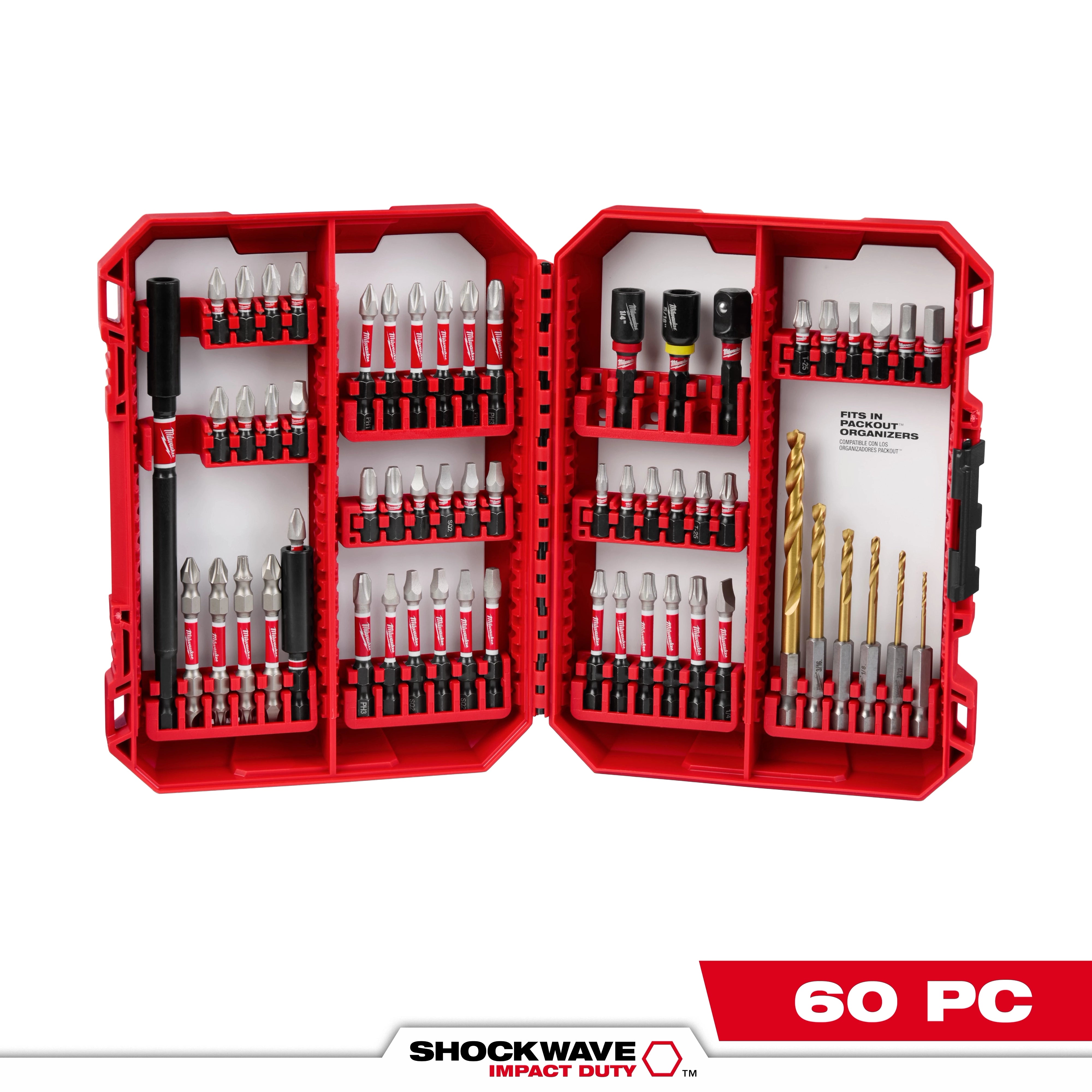 Milwaukee Tool 48-32-4097 SHOCKWAVE Impact Duty 60pc Drill and Drive Set open case with all bits organized