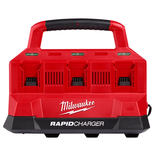Milwaukee Tool M18 PACKOUT Six Bay Rapid Charger - front view showing RAPIDCHARGER branding and six bays