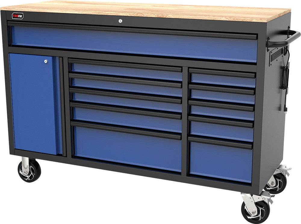 TOBEQ RCBT611123BLBK 61-Inch 11-Drawer Roller Cabinet in Blue and Black with wood top and casters