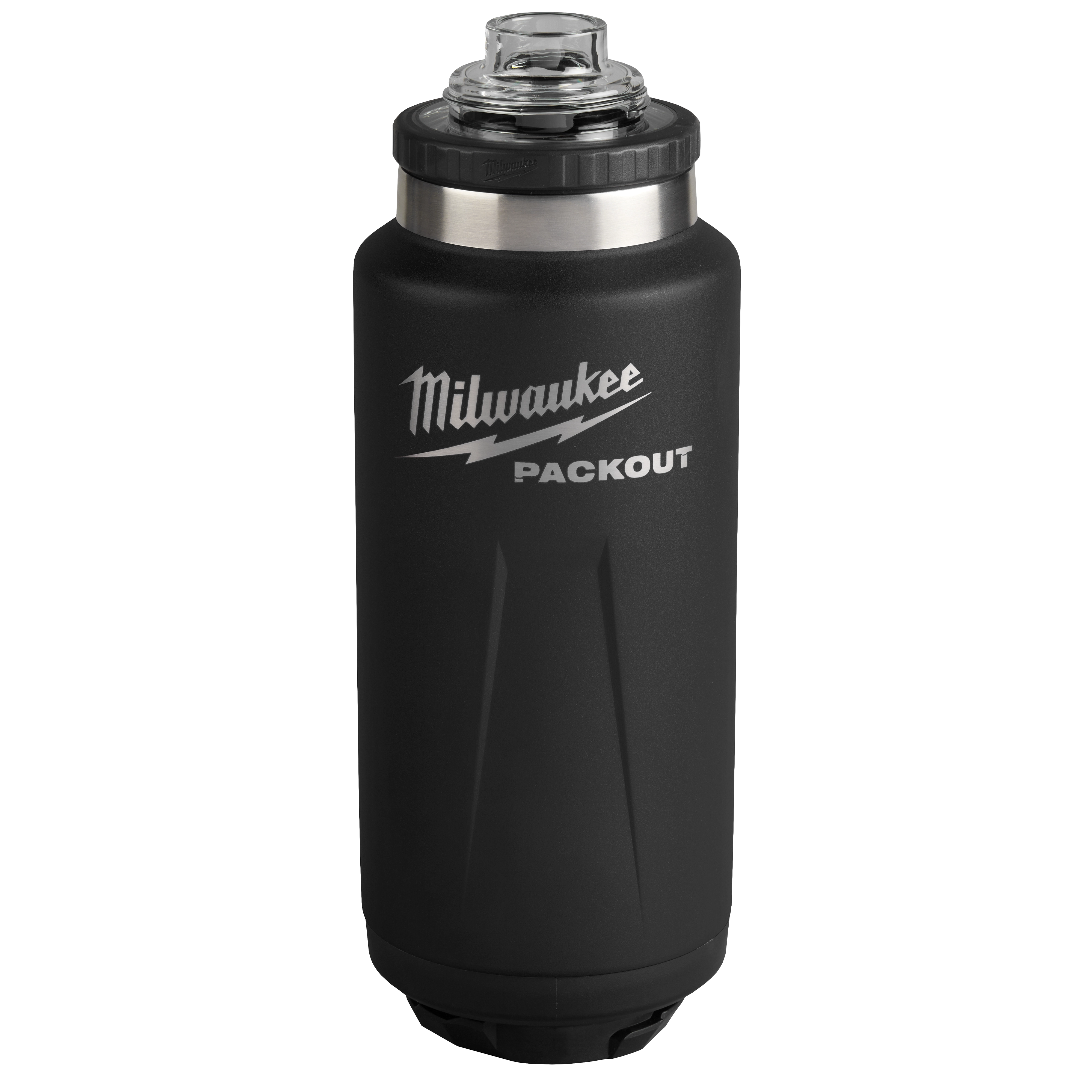 Milwaukee PACKOUT 36oz Black Insulated Bottle with transparent chug lid open top view