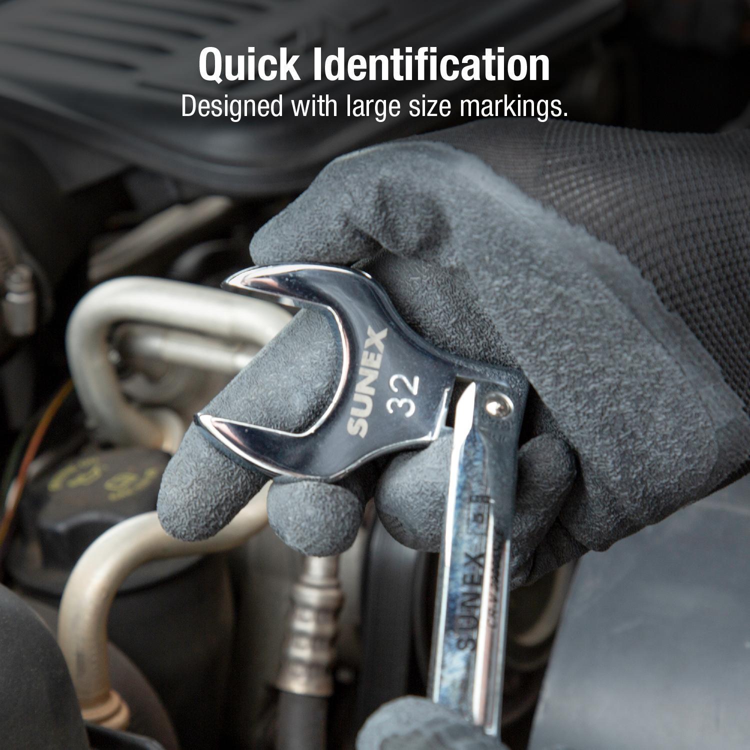 Sunex Tools 9730A 32mm Crowfoot Wrench in use highlighting large size markings for quick identification