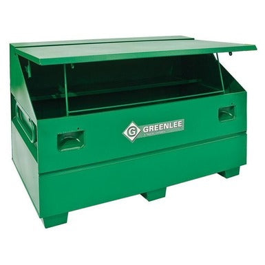 Greenlee 2260 Slant-Top Jobsite Storage Chest in green 16-gauge steel with open lid and interior reinforced shelf
