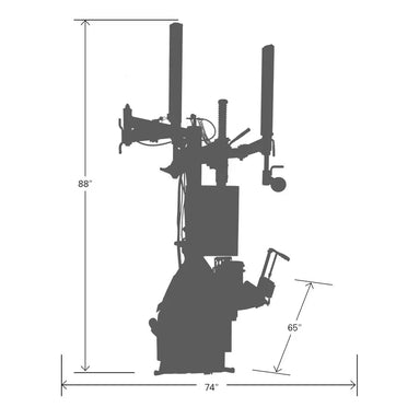 Coats 90CA Tire Machine dimension diagram - 74in W x 88in H x 65in D