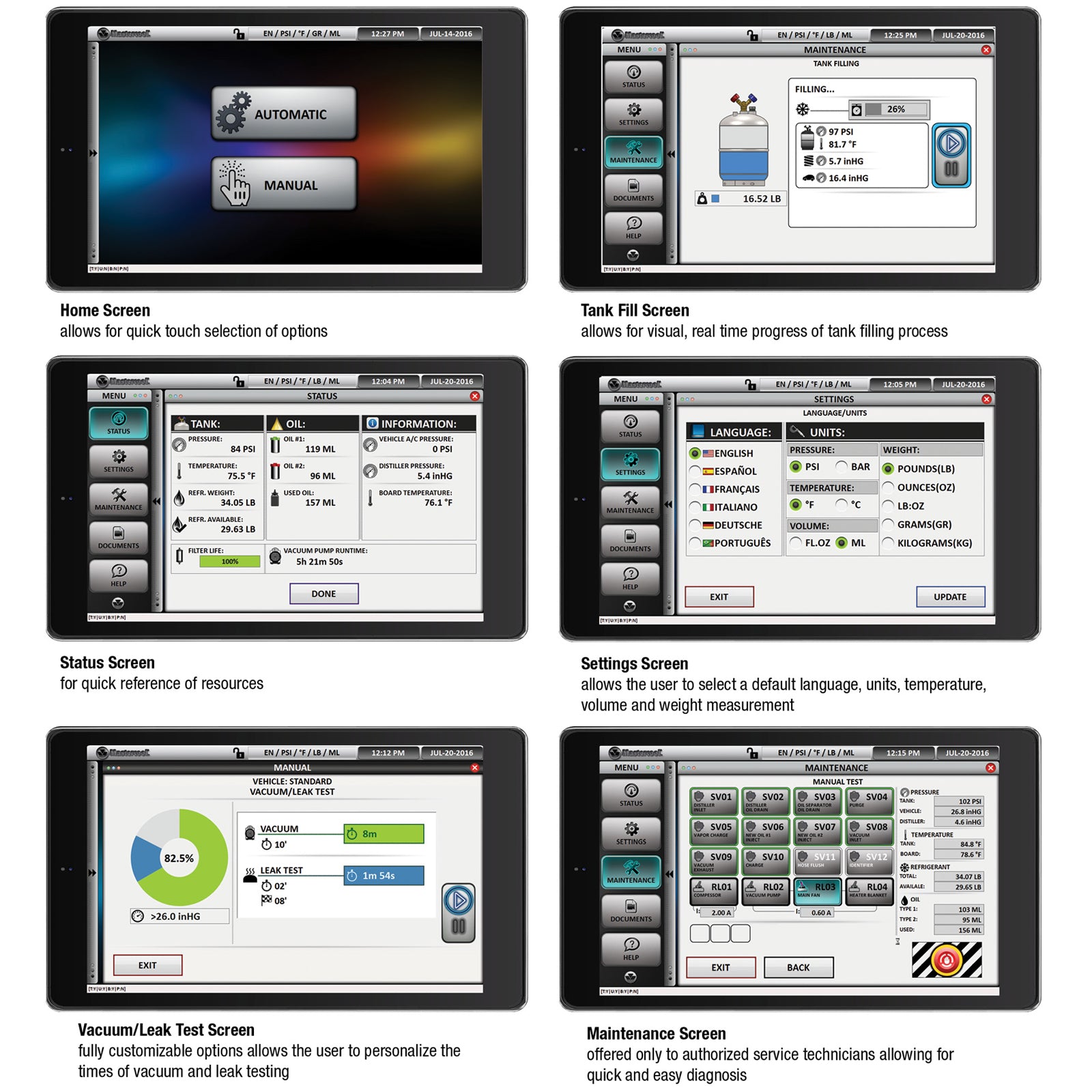 Mastercool Commander4000-E touch screen interface showing home, status, settings, tank fill, vacuum/leak test, and maintenance screens