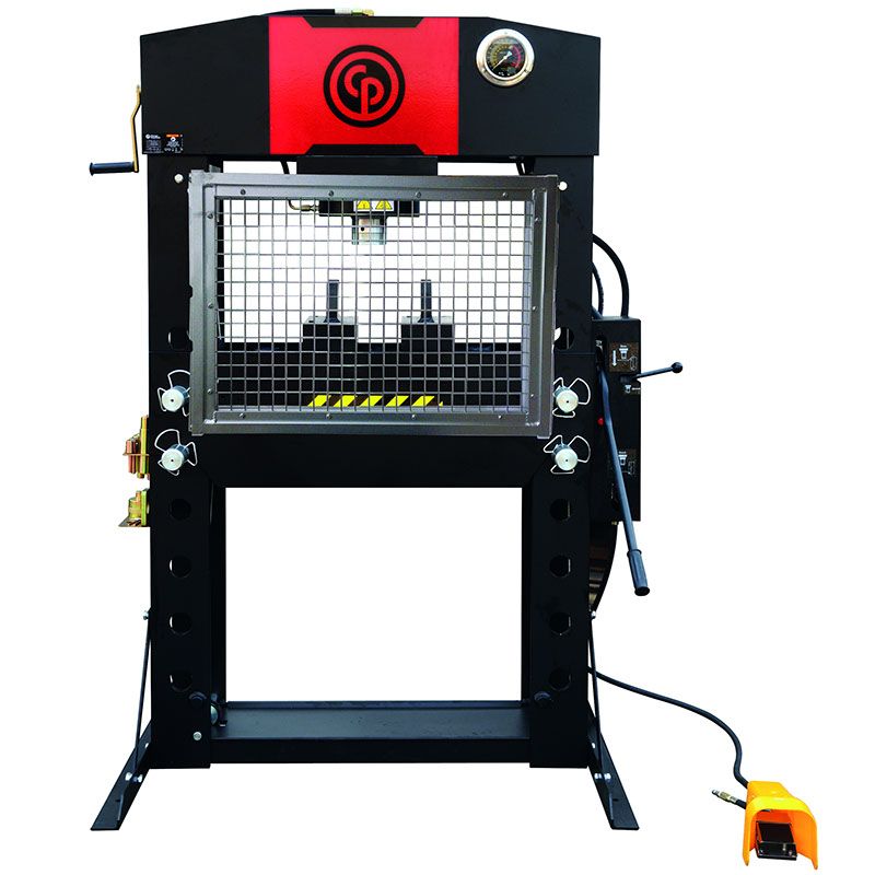 Chicago Pneumatic CPT-86101 100-Ton Pneumatic Workshop Press front view with safety cage and foot pedal