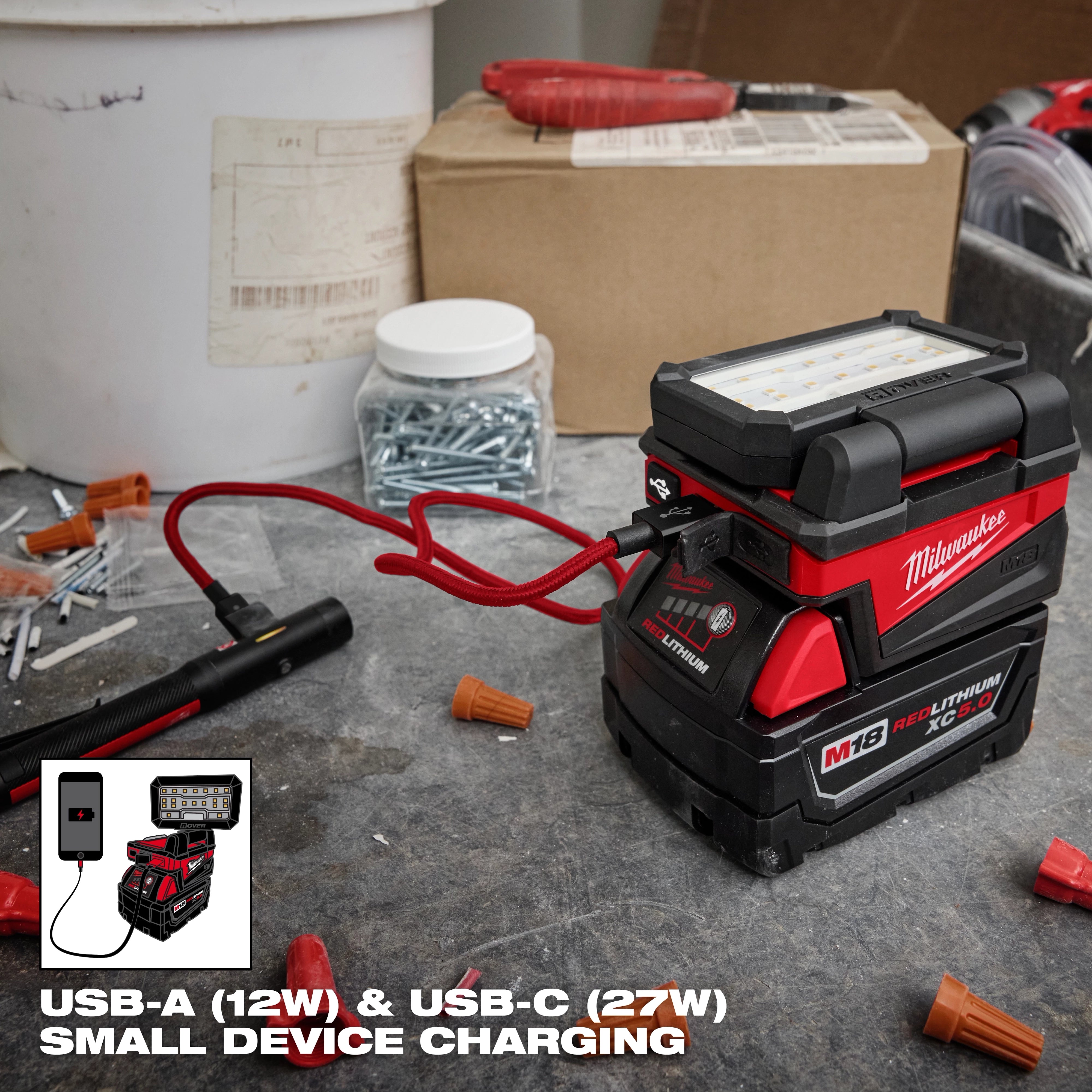 Milwaukee Tool 2359-20 M18 ROVER Flood Light showing pivoting rafter hook detail