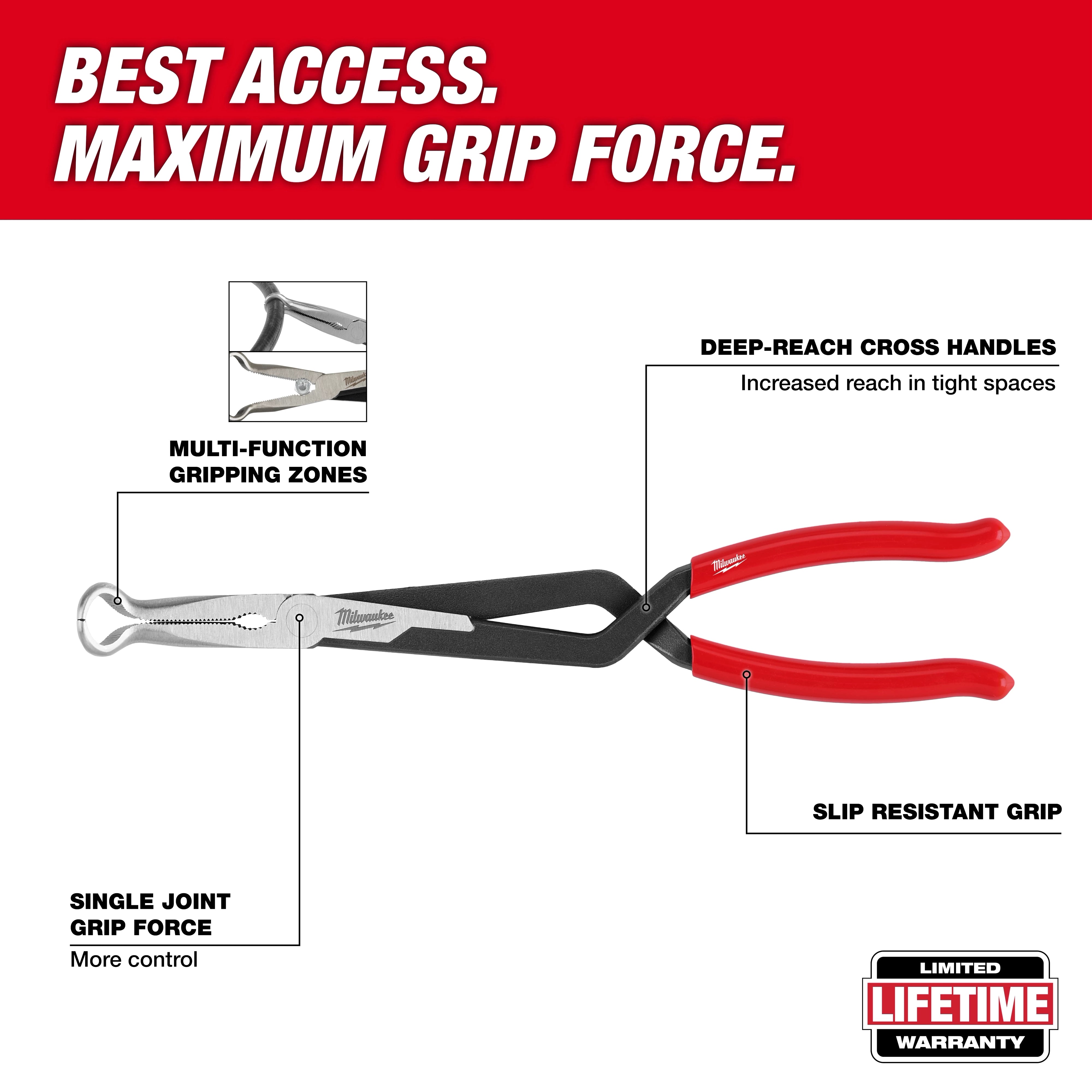 Milwaukee 48-22-6563 Long Reach Hose Grip Pliers feature callout: deep-reach cross handles, multi-function gripping zones, single joint grip force, slip resistant grip