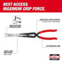 Milwaukee 48-22-6563 Long Reach Hose Grip Pliers feature callout: deep-reach cross handles, multi-function gripping zones, single joint grip force, slip resistant grip