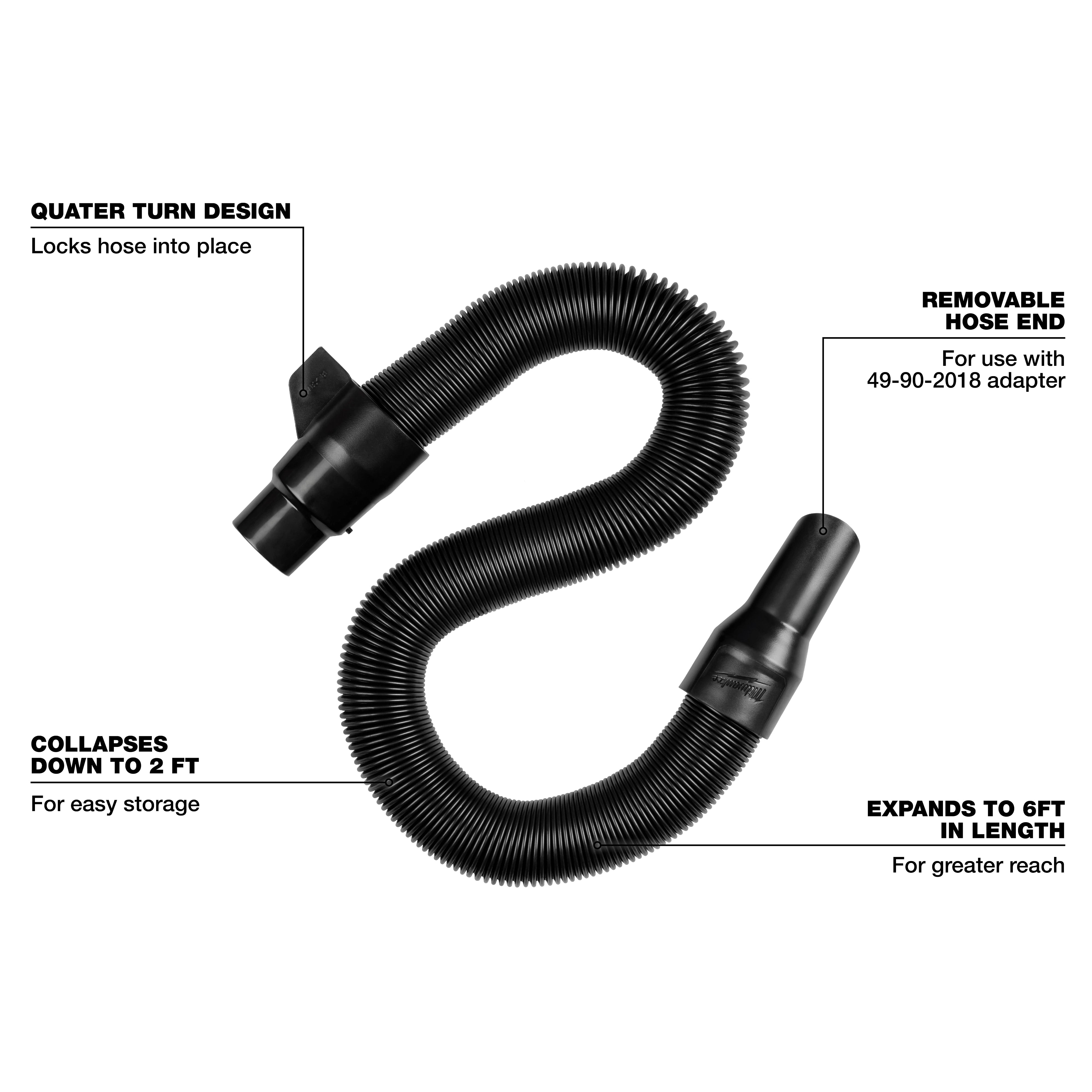 Milwaukee Tool 49-90-2014 Expandable Hose feature callout diagram showing quarter turn design, removable hose end, 2 ft collapse, and 6 ft extension