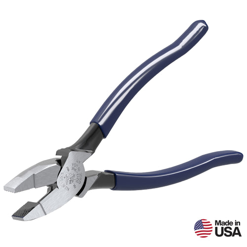 Klein Tools D213-9NE Lineman's Pliers New England Nose 9-Inch with dark blue handles, Made in USA