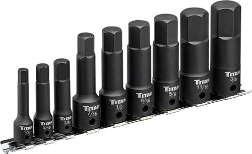 Titan Tools 49010 9-Pc 1/4" & 3/8" Drive X-Long Impact SAE Hex Bit Socket Set on Metal Storage Rail, 1/4"-3/4" - MPR Tools & Equipment