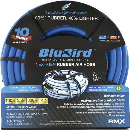 Blubird BB38100 Bluebird Rubber Air Hose Assembly 3/8" x 100' - 3/8" Male-NPT, 300 PSI, EPDM - MPR Tools & Equipment