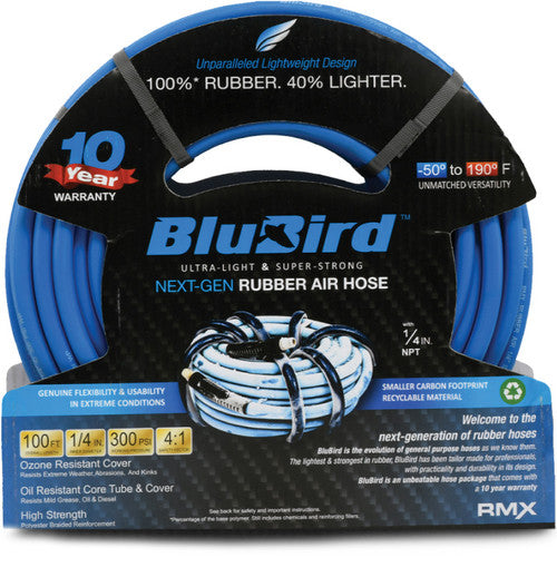 Blubird BB14100 BluBird Rubber Air Hose Assembly 1/4" x 100' - 1/4" Male-NPT, 300 PSI, EPDM - MPR Tools & Equipment