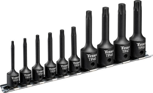 Titan Tools 49008 10-Pc 1/4 & 3/8" Drive X-Long Impact Torx Plus® 6-Lobe Bit Socket Set on Metal Storage Rail, T10-T50" - MPR Tools & Equipment