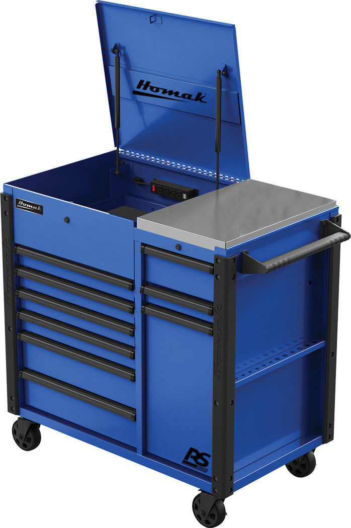 Homak BL06044090 44-In RS Pro 9-Drawer Flip Top Power Service Cart - Blue