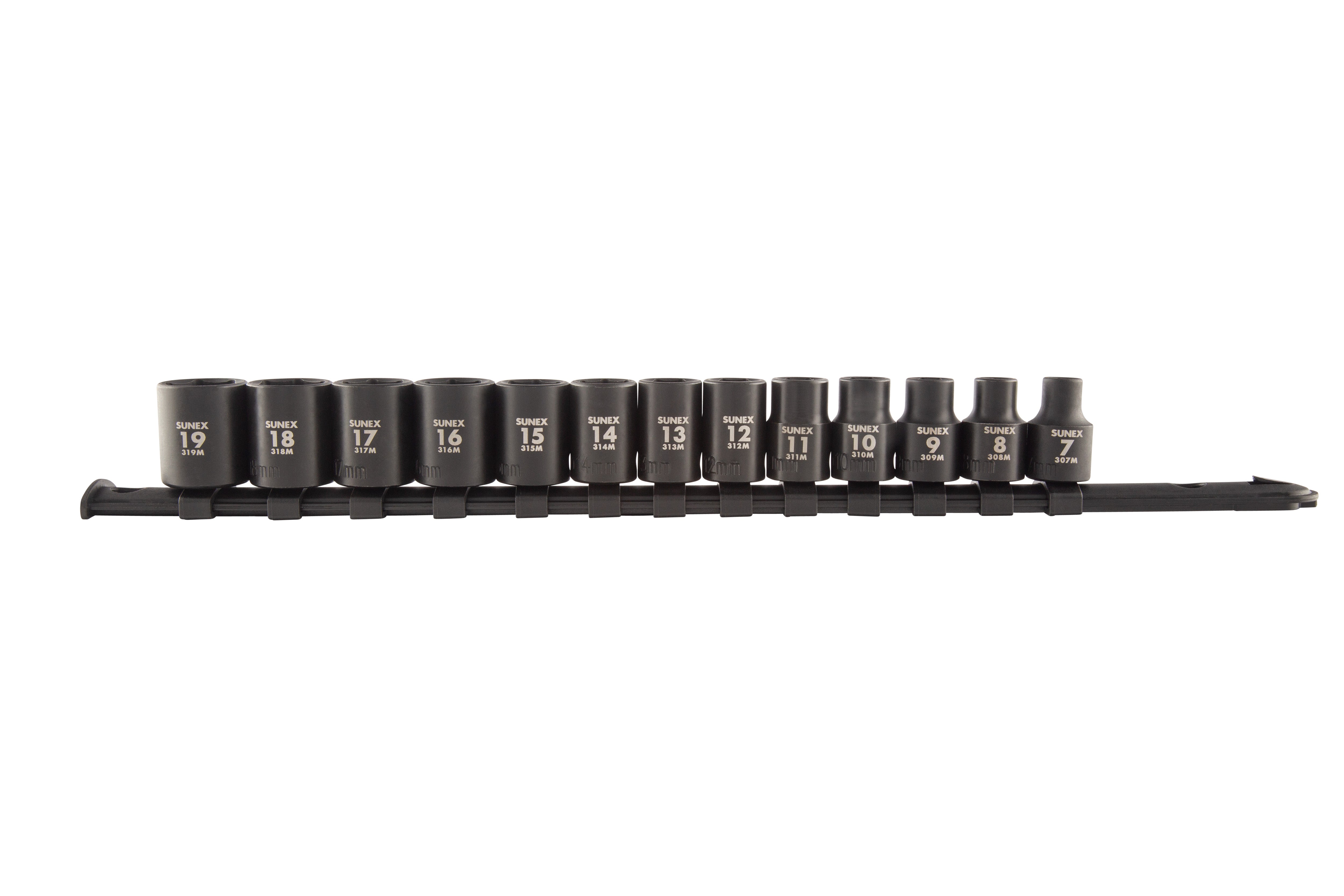 Sunex Tools 3358A 13-piece 3/8" drive metric impact socket set (7mm-19mm) on adjustable storage rail