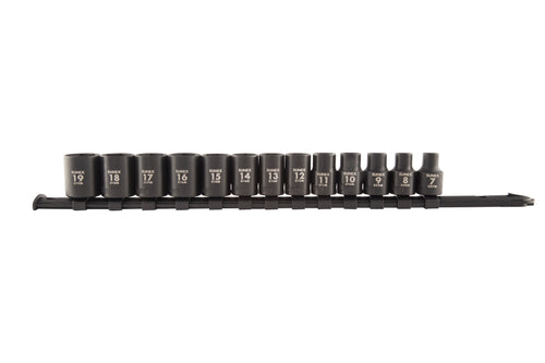 Sunex Tools 3358A 13-piece 3/8" drive metric impact socket set (7mm-19mm) on adjustable storage rail