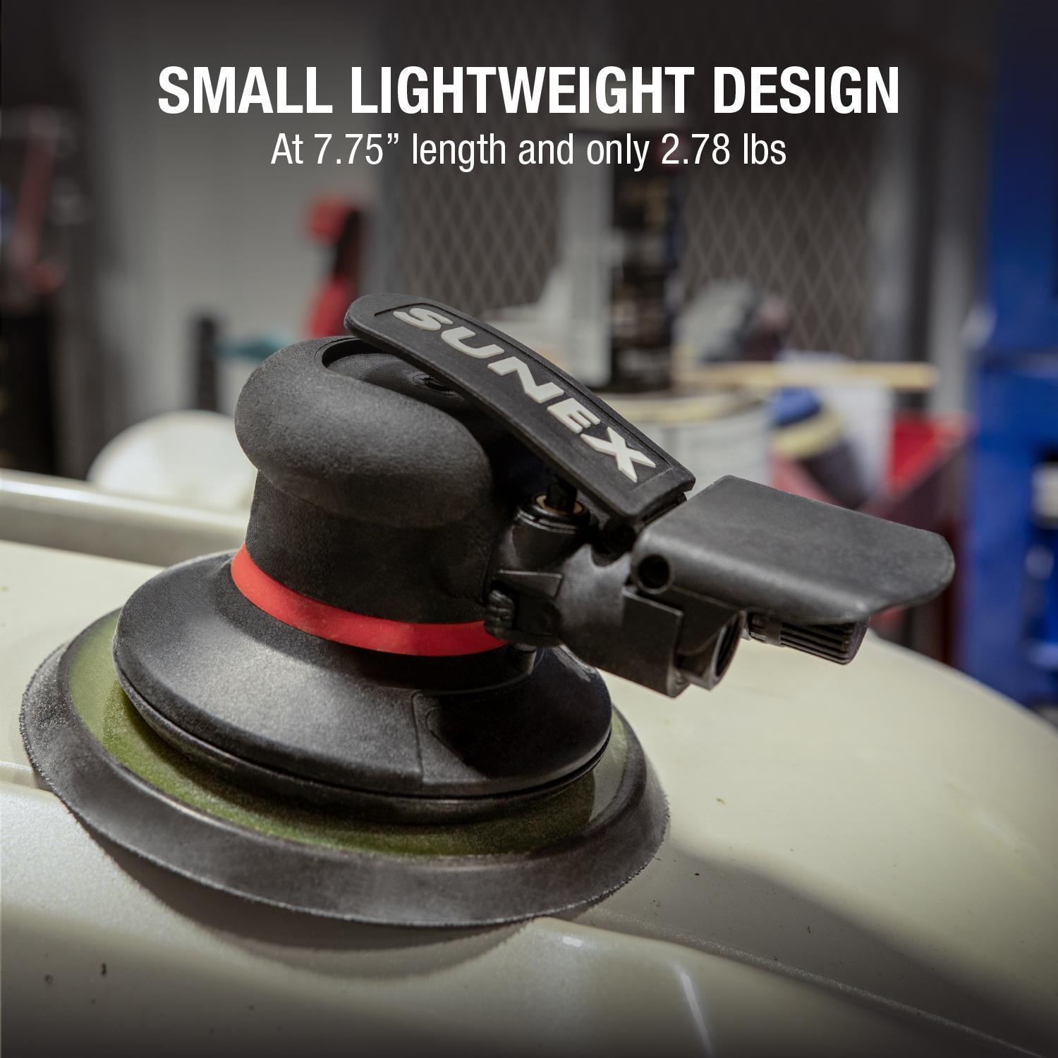 Sunex SXSN6P01 Palm Sander in use - Small Lightweight Design at 7.75" length and 2.78 lbs