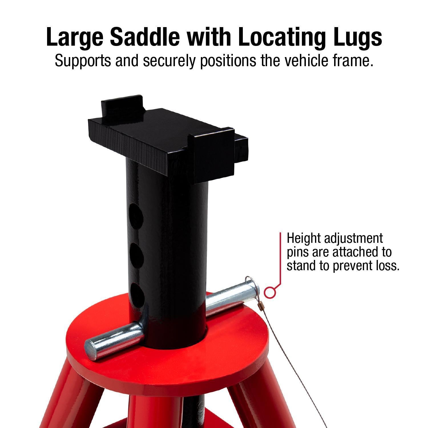 Sunex Tools 1310 Jack Stand large saddle with locating lugs and attached height adjustment pin detail
