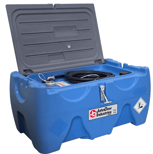 JohnDow Industries JDI-DEF40 40-Gallon Low-Profile DEF Carrytank with lockable lid open showing pump and hose