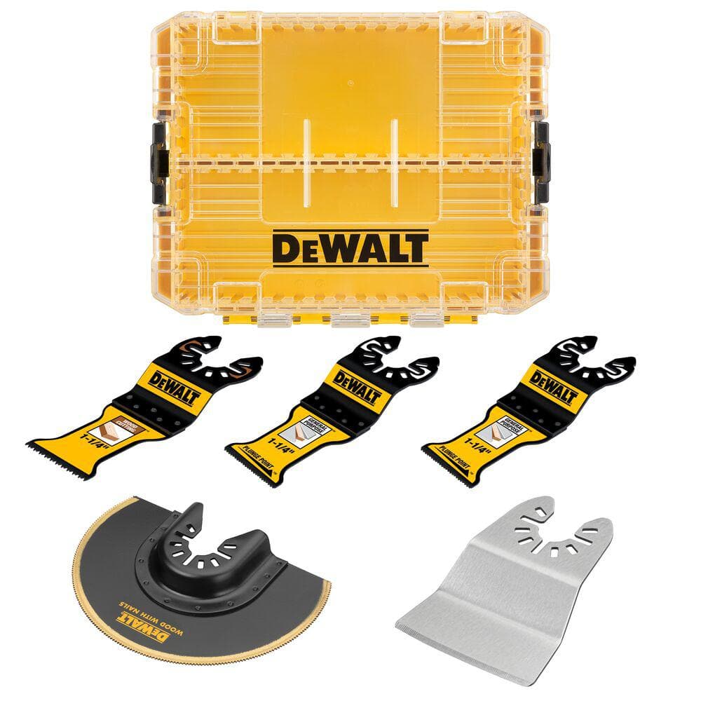 Dewalt DWA425GSET General Purpose Bi-Metal Oscillating Tool Blade Set 5-Piece with Tough Case, showing all included blades and yellow storage case