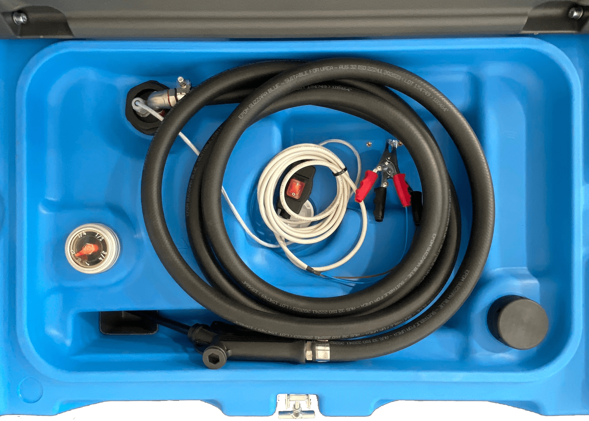 JohnDow Industries JDI-DEF40 DEF Carrytank interior top-down view showing delivery hose, power cable with battery clamps, and fill level gauge