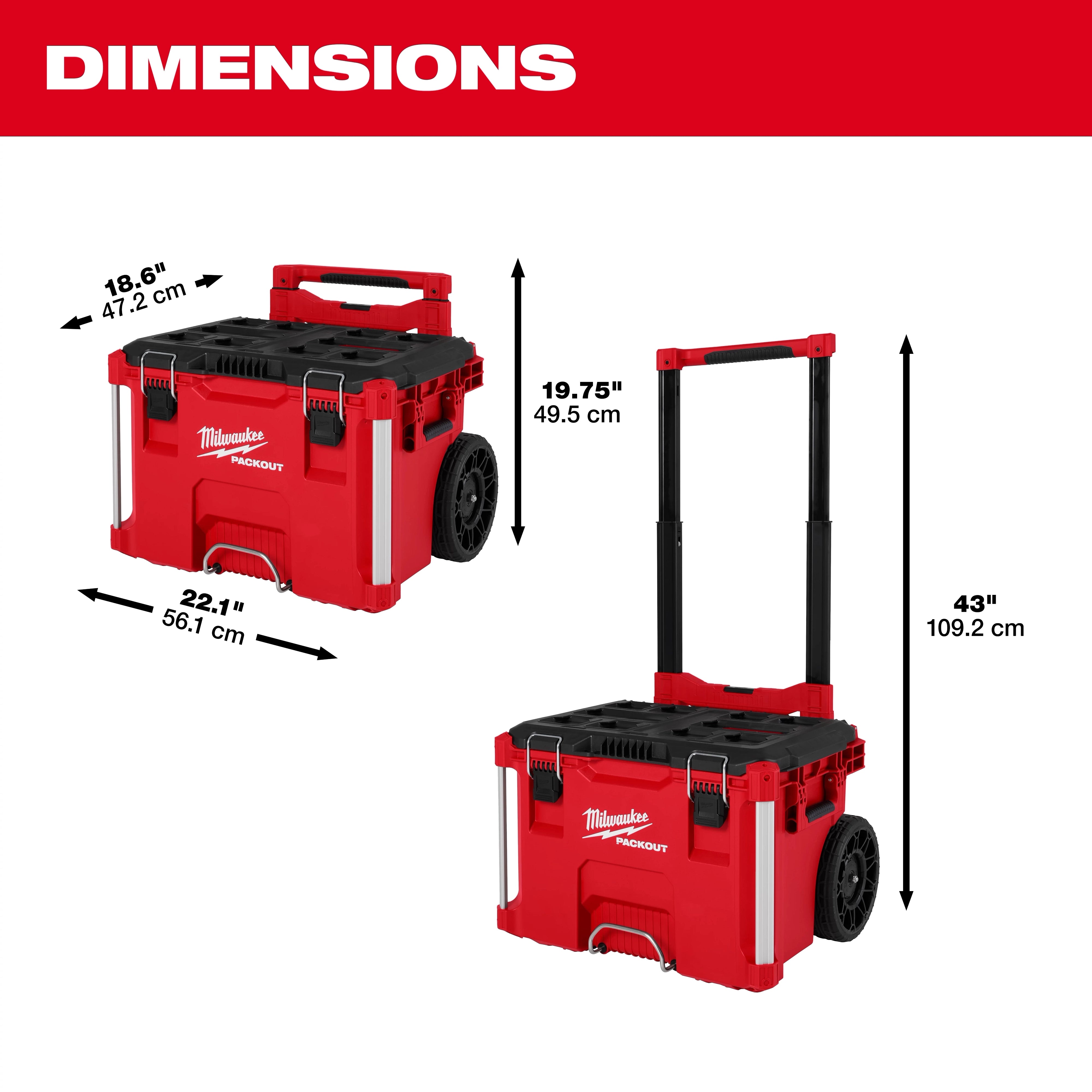 Milwaukee PACKOUT Rolling Tool Box dimensions: 18.6" depth, 22.1" width, 19.75" handle height, 43" total extended height