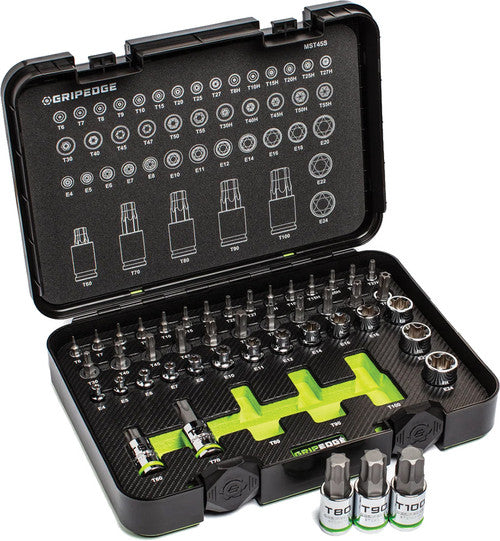 GripEdge MST45S 45-PC 1/4", 3/8", 1/2" Dr. Master RPT Torx® Driver Set, T6-T100, T8H-T55H, E4-E24 - MPR Tools & Equipment