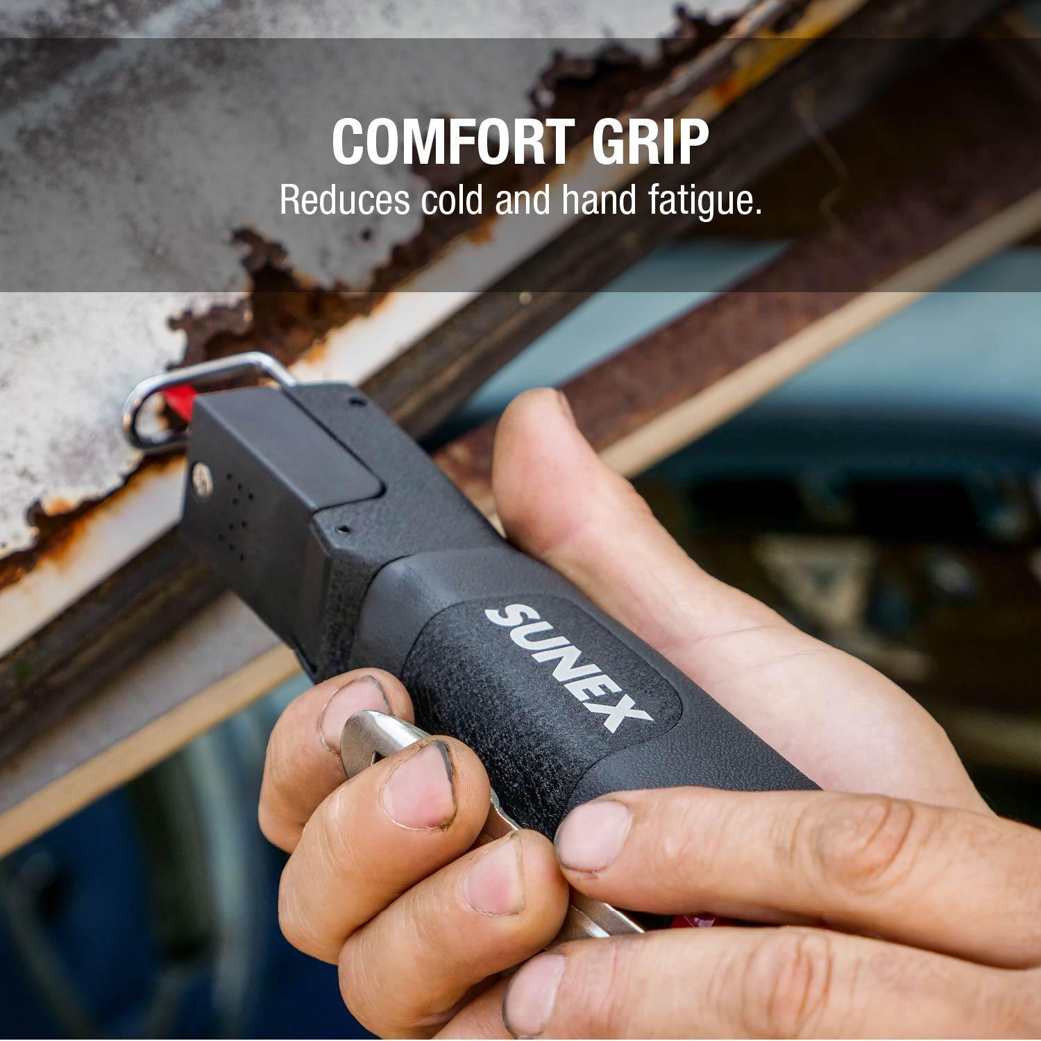 Sunex Tools SXSW1001 - in-use lifestyle shot cutting rusted metal showing comfort grip feature