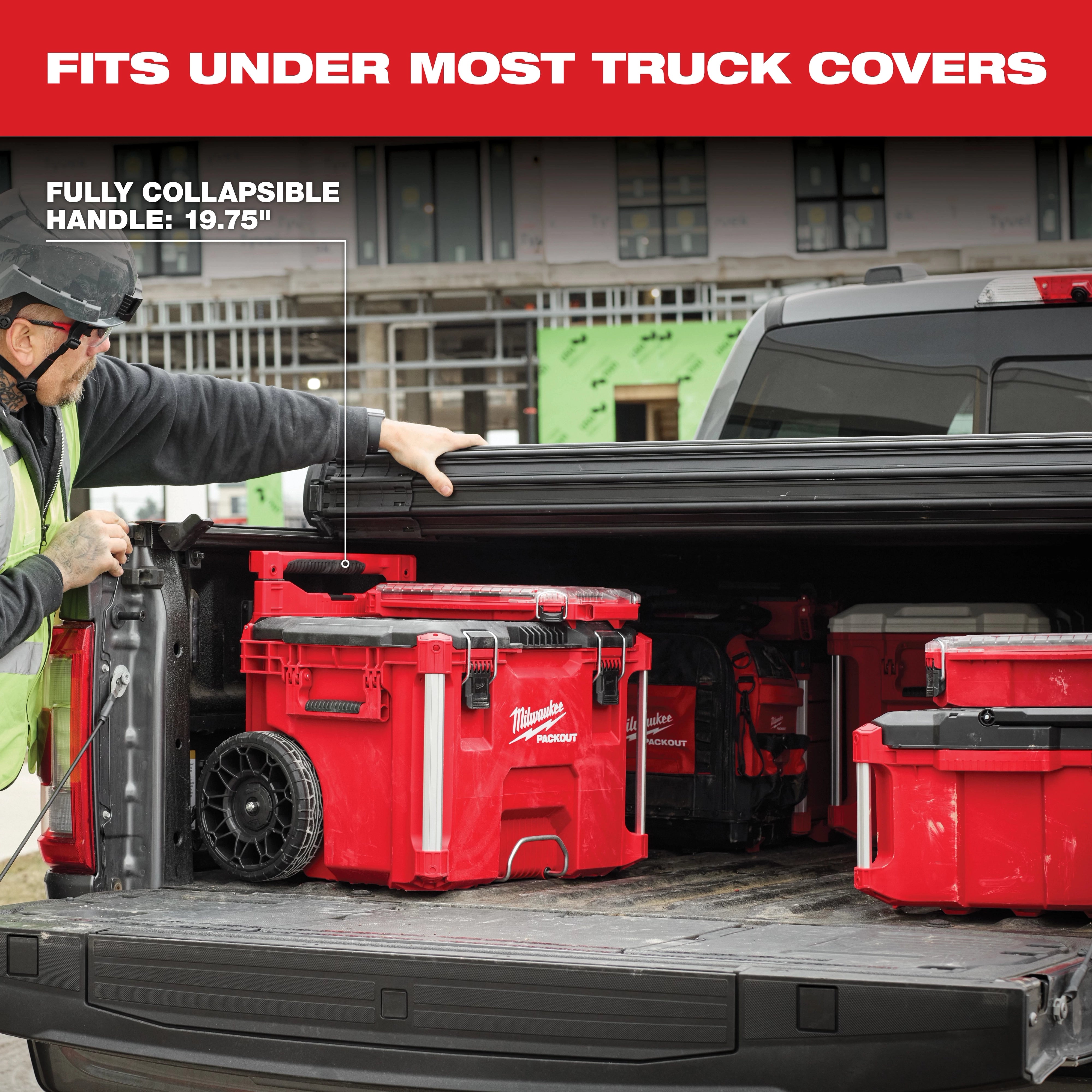 Milwaukee PACKOUT Rolling Tool Box with fully collapsible 19.75" handle fits under most truck bed covers