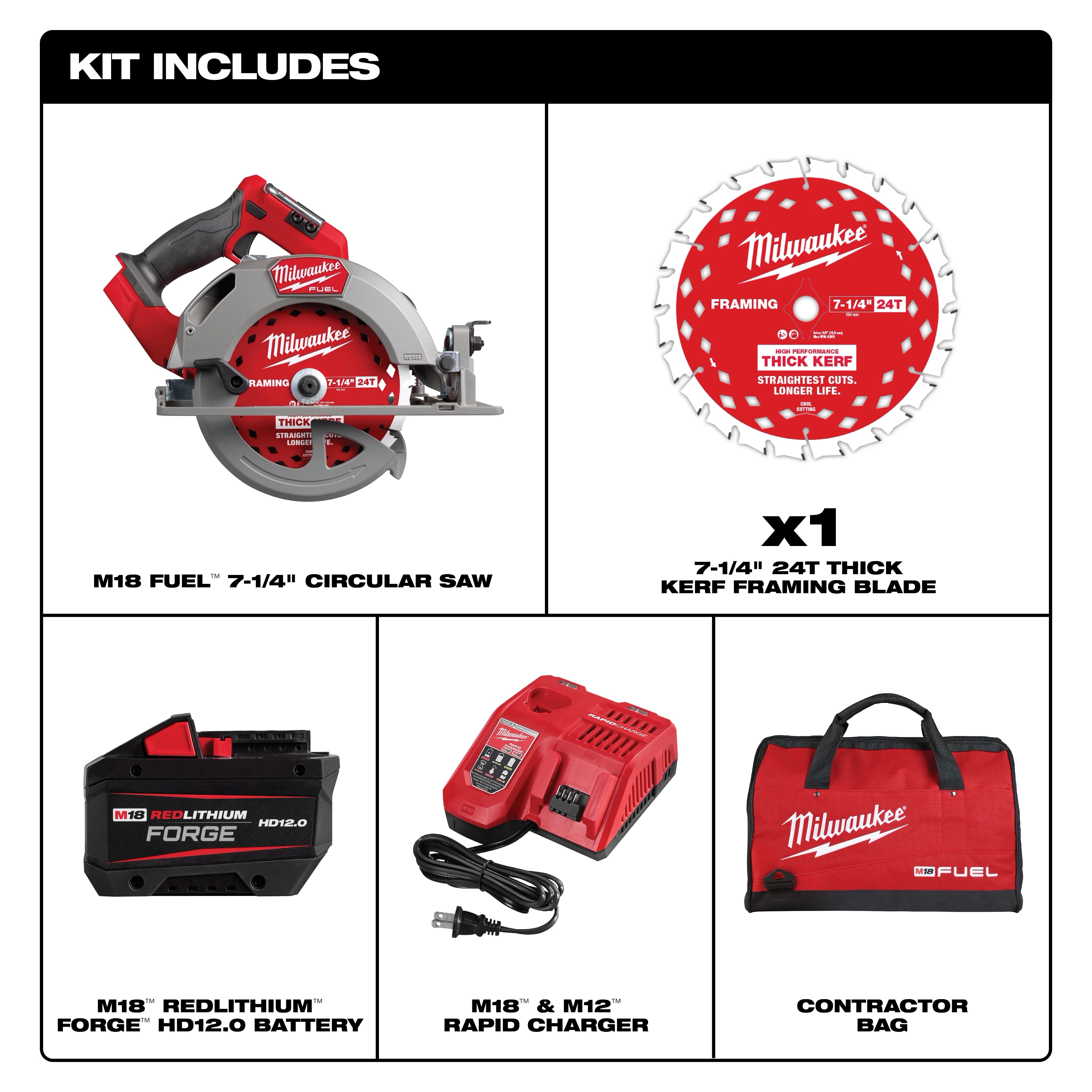 Milwaukee Tool 2834-21HD M18 FUEL Circular Saw Kit contents including saw, blade, battery, charger and bag