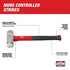 Milwaukee Tool 48-22-9314 Engineer Hammer feature callout - high-strength fiberglass core, anti-slip grip, reinforced overstrike protection, tether-ready lanyard hole