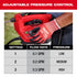 Milwaukee Tool M12 Handheld Sprayer adjustable pressure control closeup with flow rate and pressure settings chart: 3 modes, 0.1-0.3 GPM
