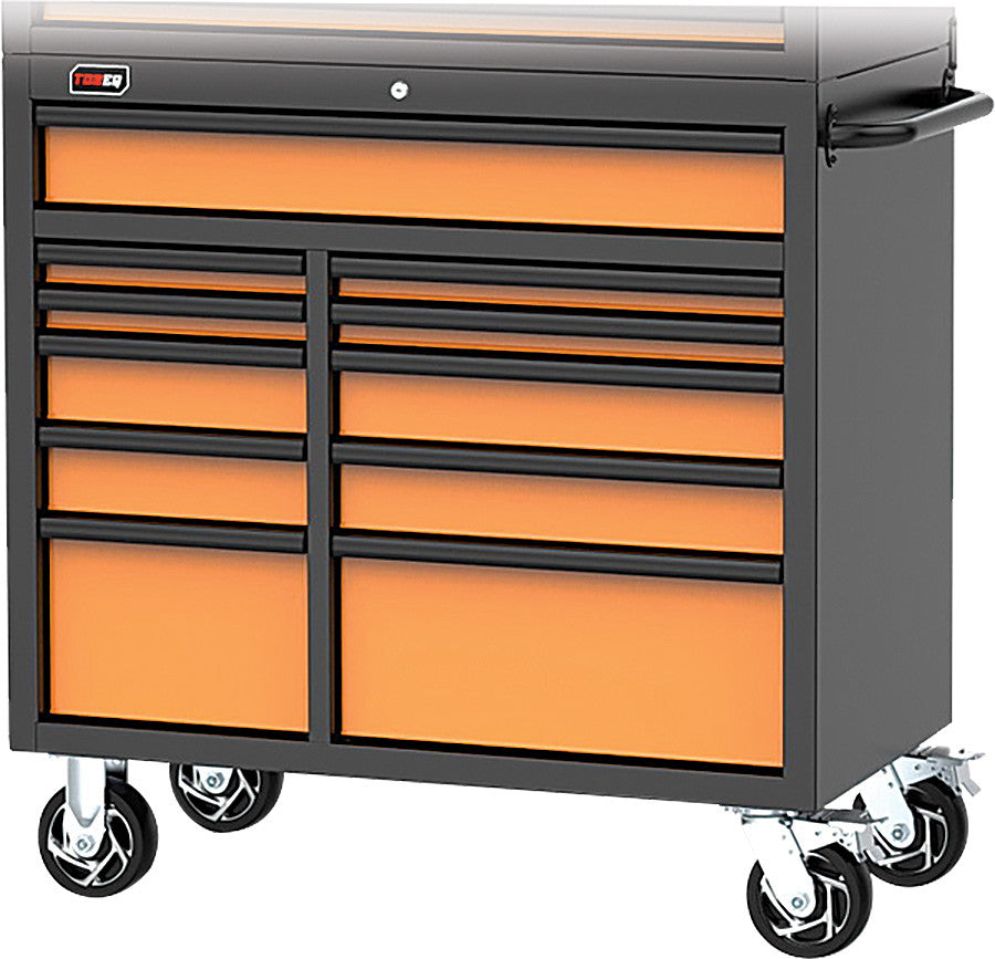 TOBEQ RCBT411121ORBK 41" HD Series 11-Drawer Rolling Cabinet in Orange/Black, angled front view showing orange drawer fronts and heavy-duty casters