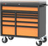 TOBEQ RCBT411121ORBK 41" HD Series 11-Drawer Rolling Cabinet in Orange/Black, angled front view showing orange drawer fronts and heavy-duty casters
