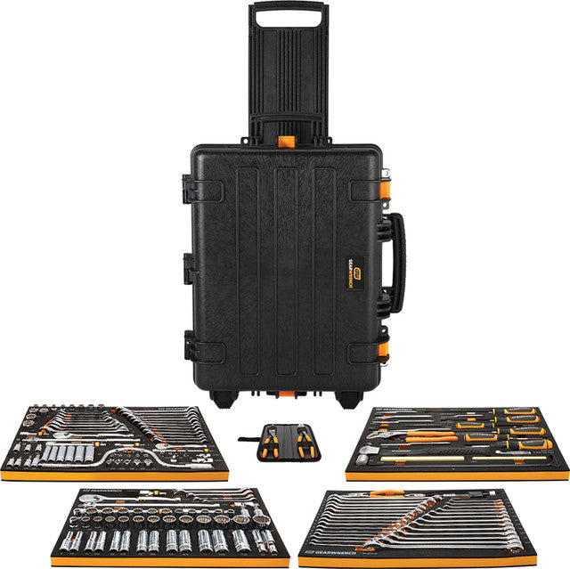 Coffret d'outils GearWrench GWGMTK185 (185 pièces) avec douilles GMTK de 6,35 mm (1/4"), 9,5 mm (3/8") et 12,7 mm (1/2"), rangés dans des plateaux en mousse et un porte-outils robuste.